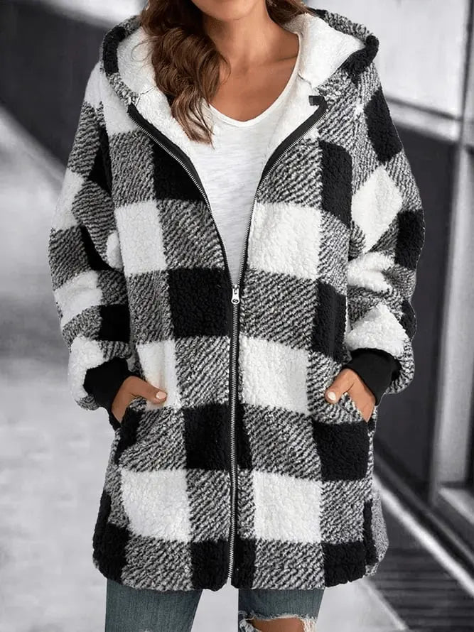 Übergroße Kariertes Fleecejacke mit Kapuze für Winter Damen