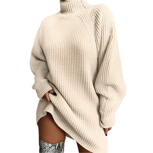 Langes Geripptes Strickkleid Mit Pullover Stil Für Damen