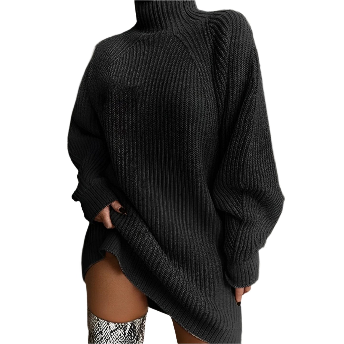 Langes Geripptes Strickkleid Mit Pullover Stil Für Damen