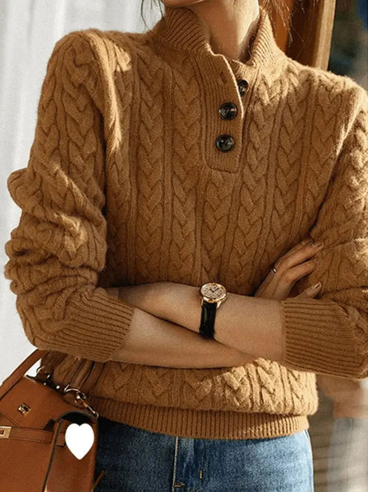 Zopfmuster Knopf Strickpullover für Gemütliche Winter Damen