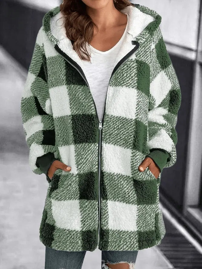 Übergroße Kariertes Fleecejacke mit Kapuze für Winter Damen