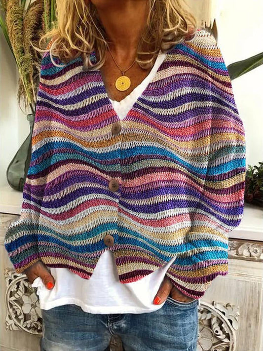 Boho Gestreifte Strickjacke Mit Knöpfen Damen
