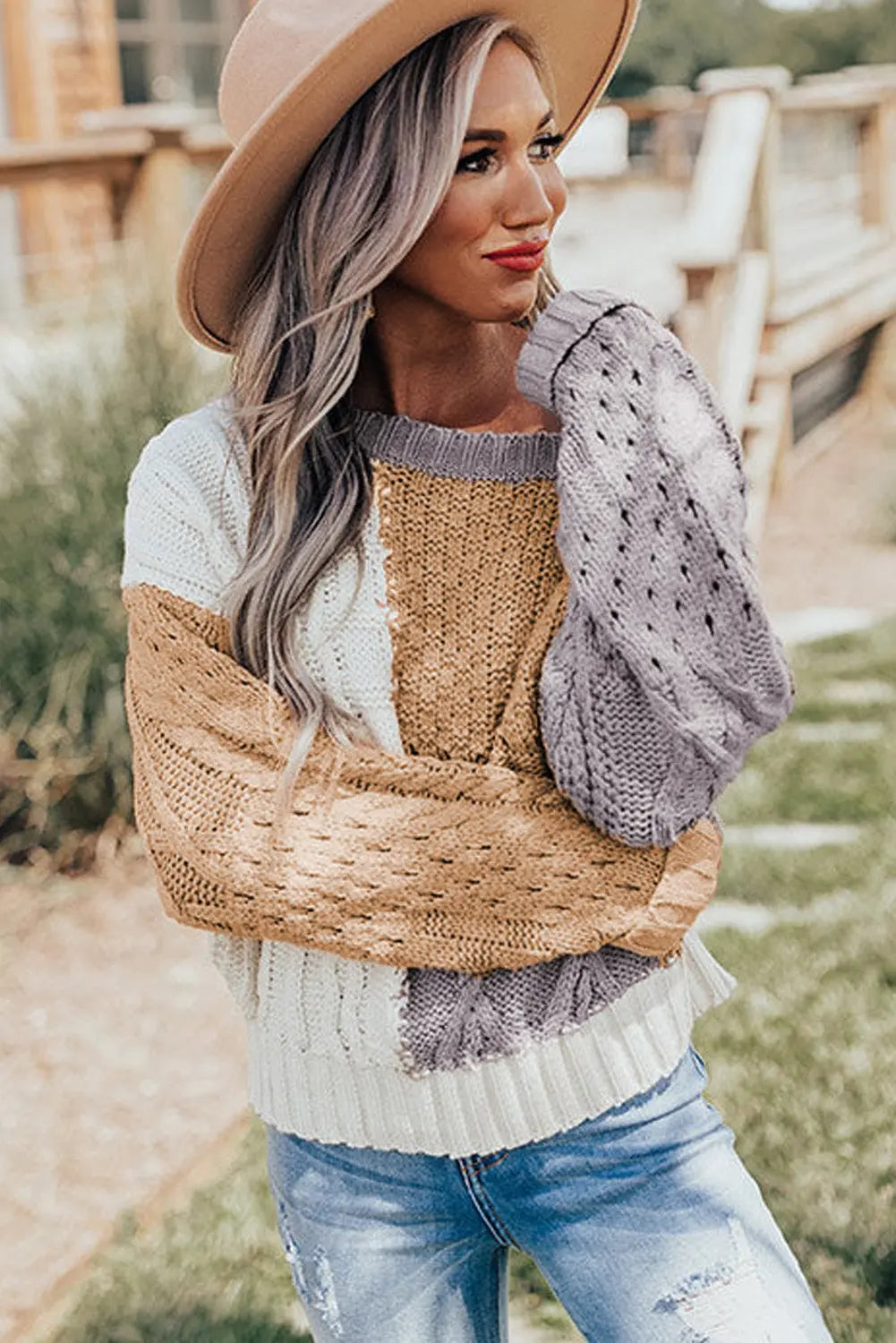 Patchwork Zopfmuster Strickpullover Perfekt Für Winter Damen