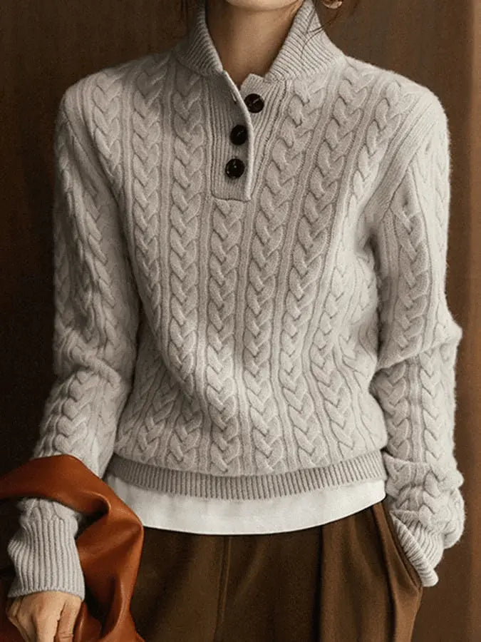 Zopfmuster Knopf Strickpullover für Gemütliche Winter Damen