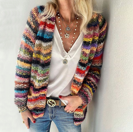 Mehrfarbige Lange Strickjacke Mit Offener Front