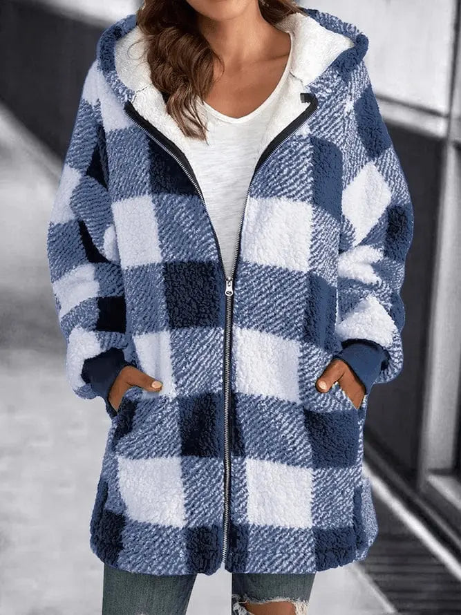 Übergroße Kariertes Fleecejacke mit Kapuze für Winter Damen