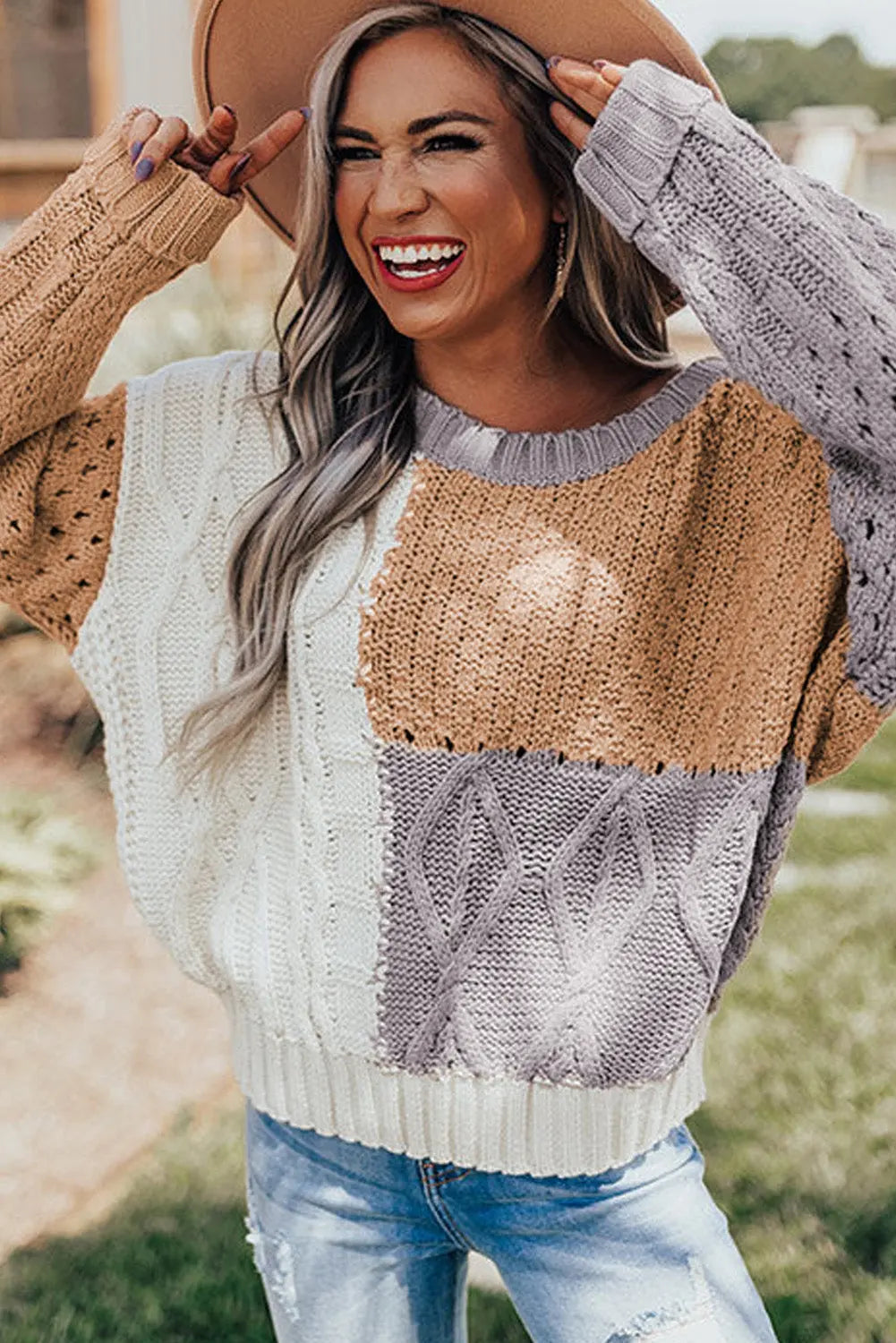 Patchwork Zopfmuster Strickpullover Perfekt Für Winter Damen