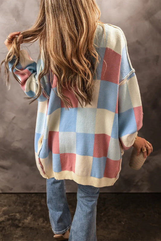 Übergroße Karierte Gestrickte Strickjacke für Winter Damen