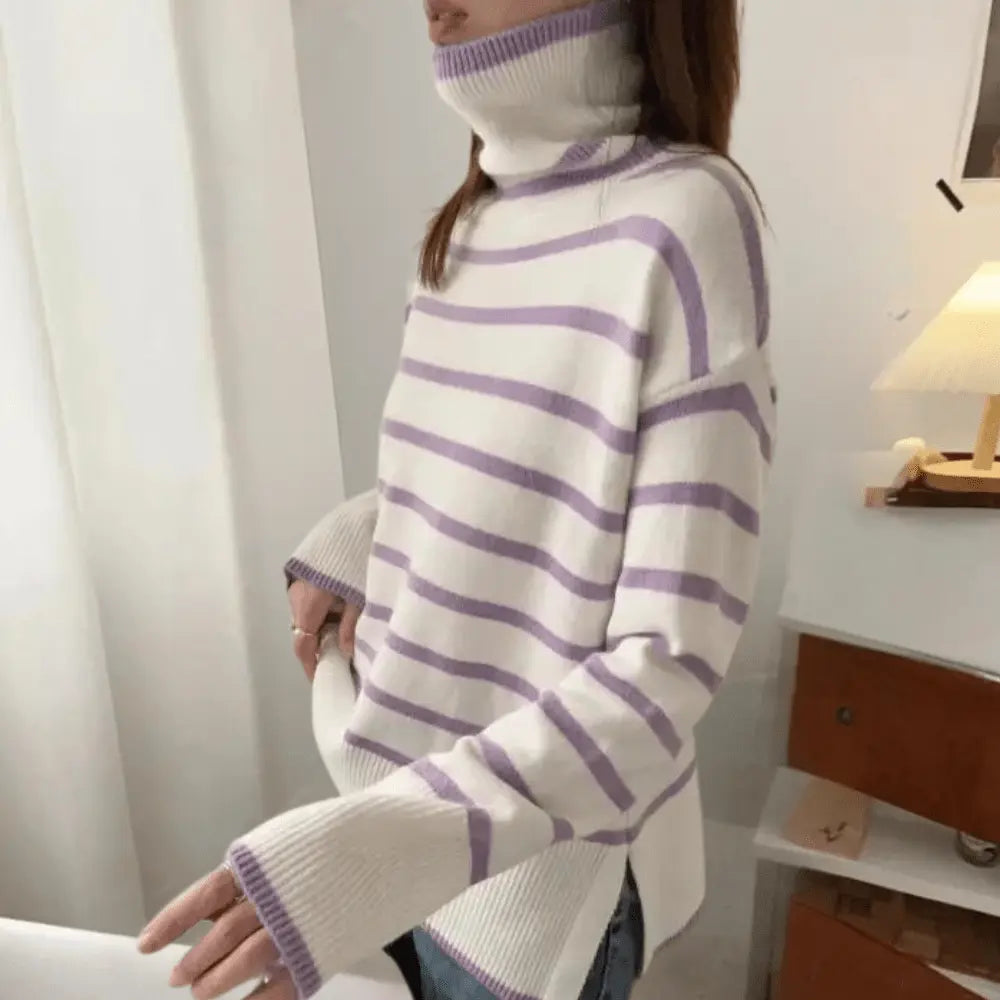 Gestreifter Rollkragenpullover Lang Winter Damen