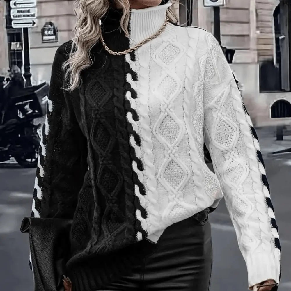 Colorblock Zopfmuster Rollkragenpullover Winter Damen