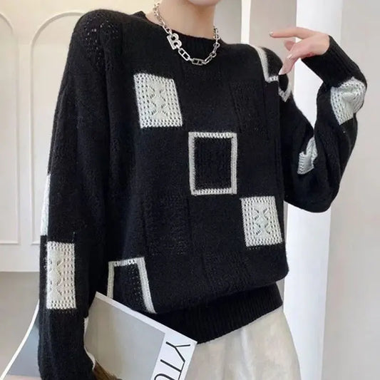 Moderner Strickpullover Mit Blockmuster Für Damen