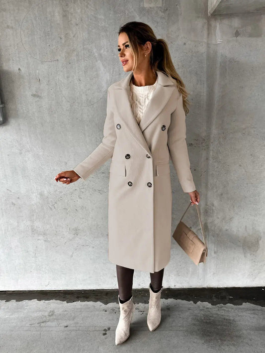 Eleganter Langer Beiger Wollmantel Für Damen