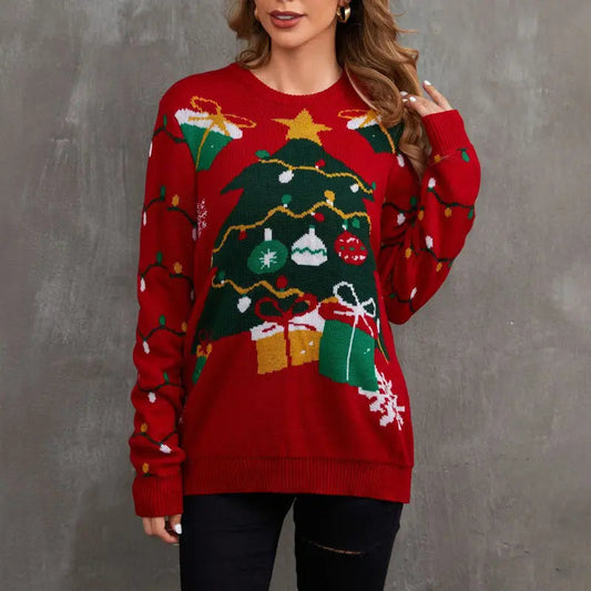 Klassischer Strick-Weihnachtspullover mit Baummuster für Damen
