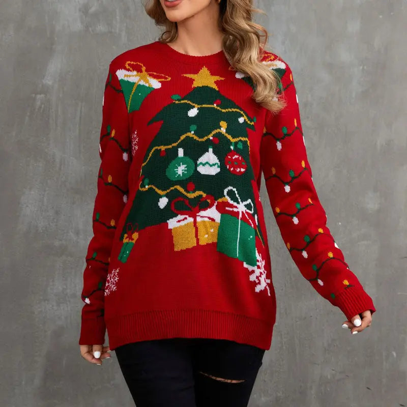 Klassischer Strick-Weihnachtspullover mit Baummuster für Damen