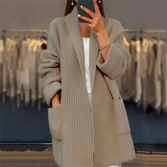 Lange Strickjacke Mit Taschen Und Offener Front