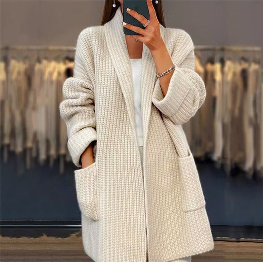 Lange Strickjacke Mit Taschen Und Offener Front