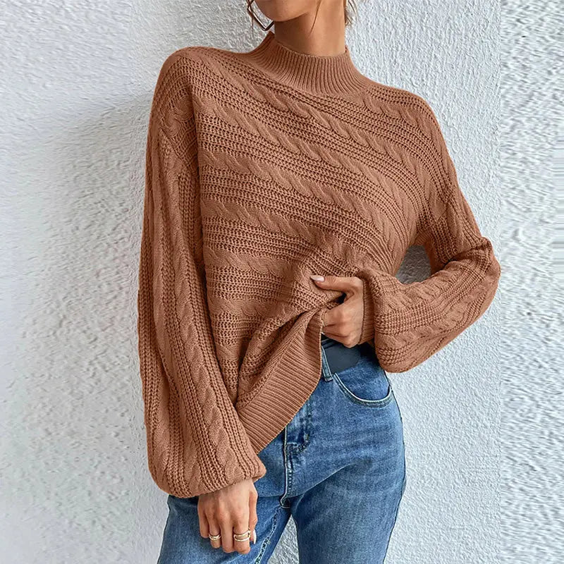 Zopfmuster Winterpullover mit Hohem Kragen Damen