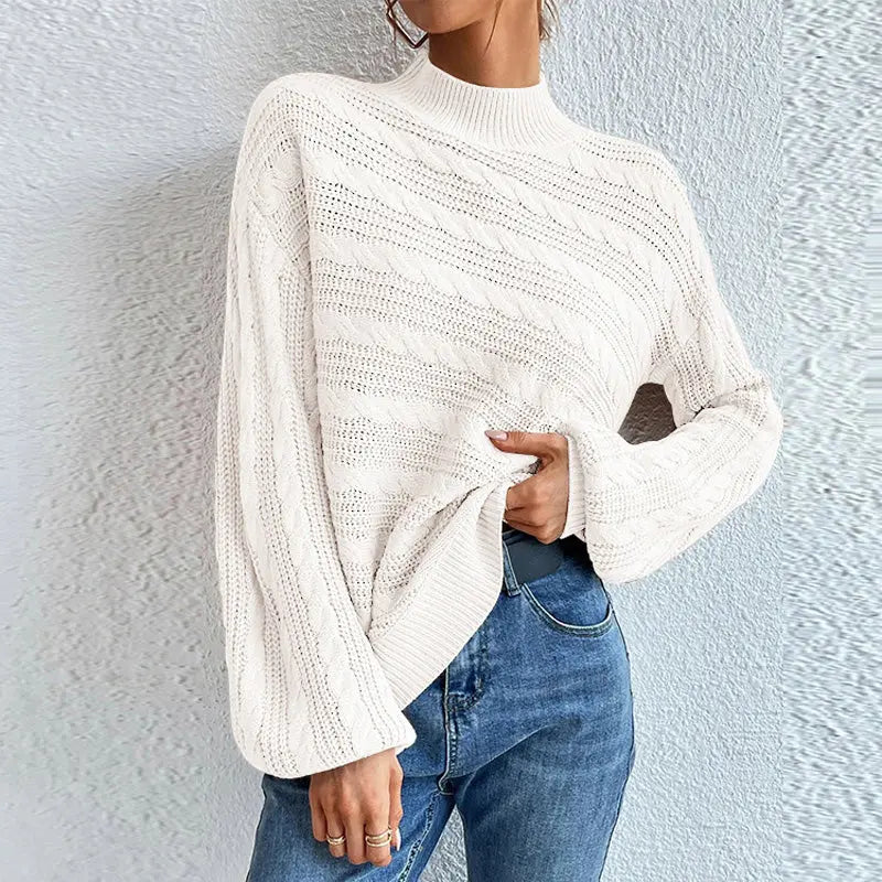 Zopfmuster Winterpullover mit Hohem Kragen Damen