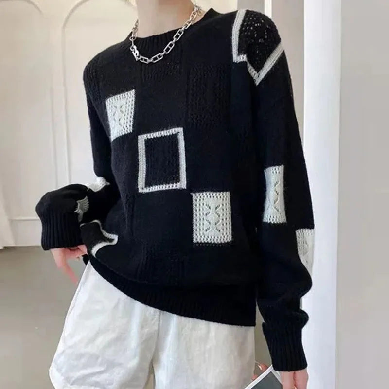 Moderner Strickpullover Mit Blockmuster Für Damen