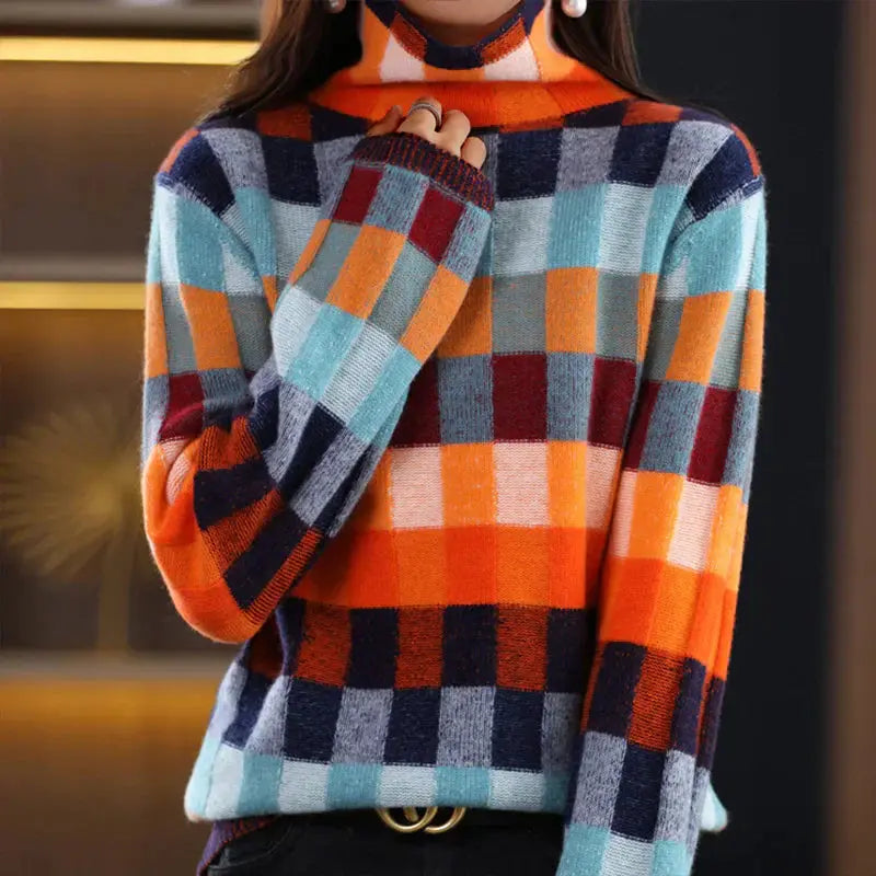 Karierter Strickpullover mit Farbblöcken Winter Damen