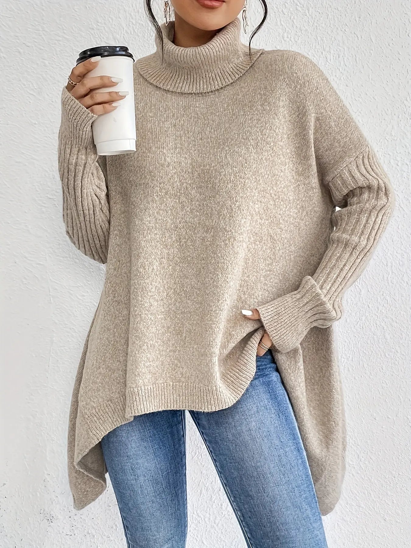 Oversize Rollkragen Asymmetrischer Winterpullover Damen