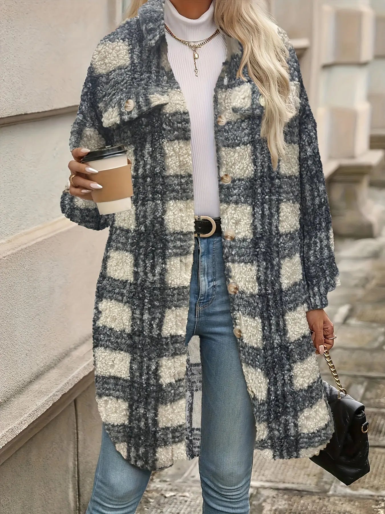 Karierte Fleecejacke Gemütlicher Stil Winter Damen