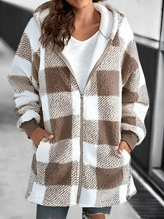 Übergroße Kariertes Fleecejacke mit Kapuze für Winter Damen