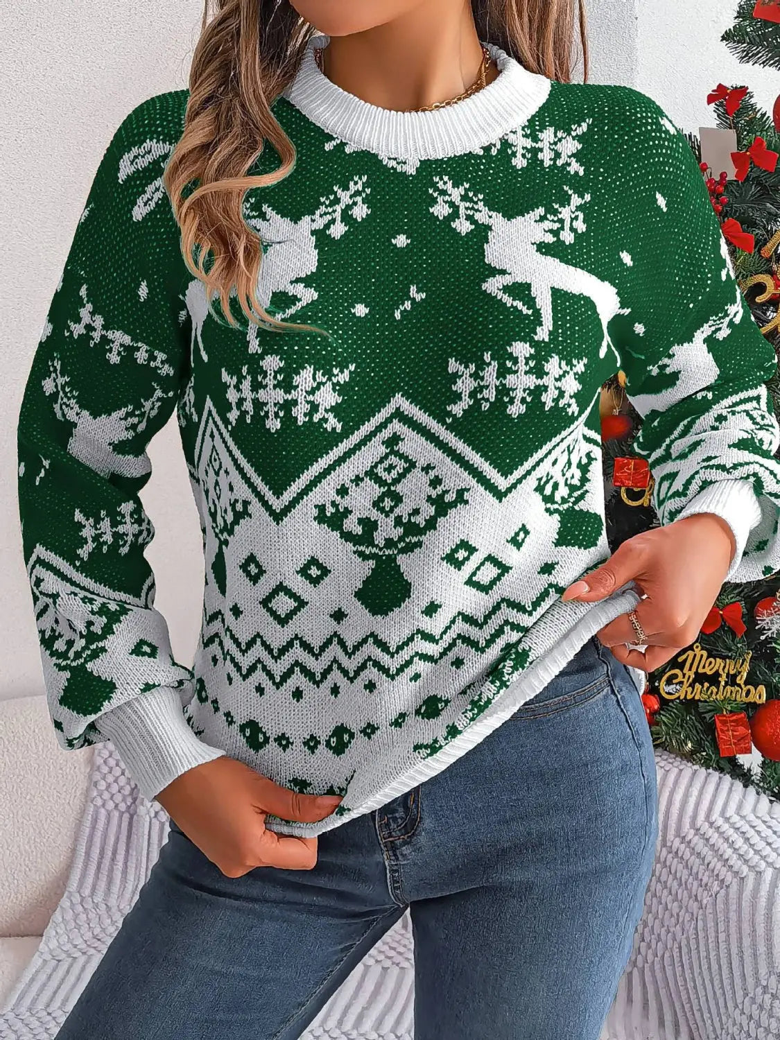 Klassischer Grüner Rentier Weihnachtspullover für Damen