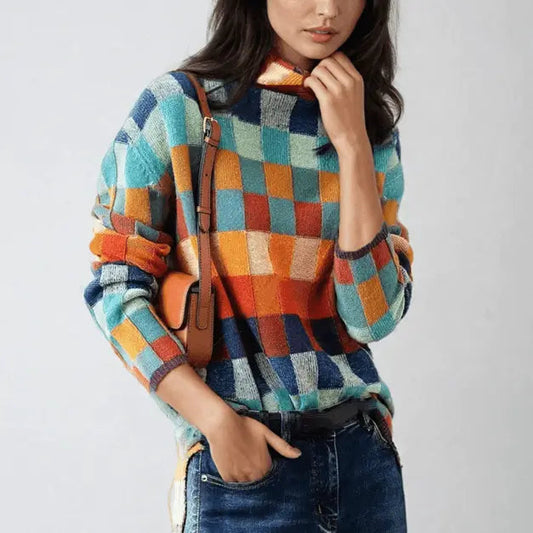 Karierter Strickpullover mit Farbblöcken Winter Damen