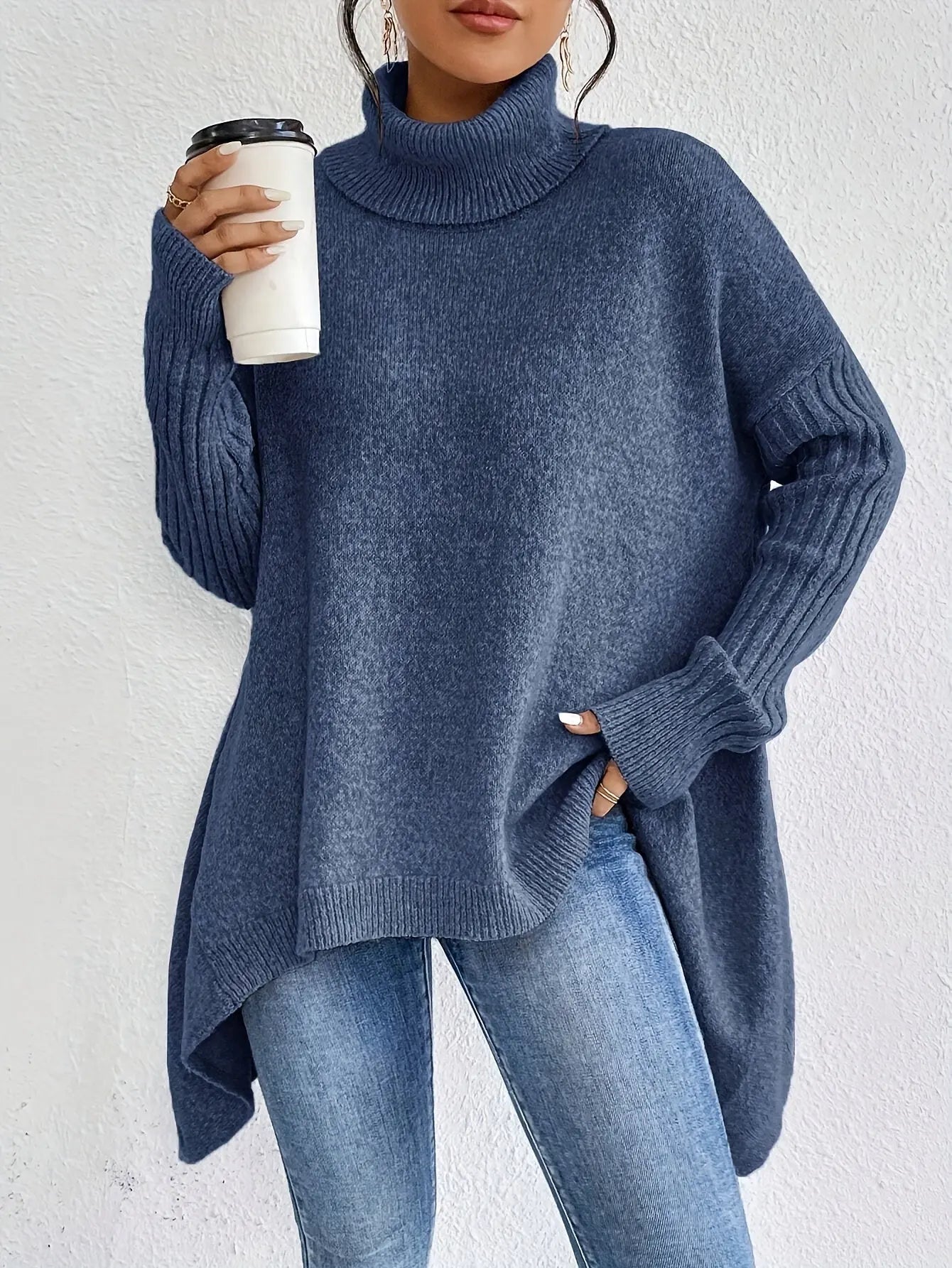 Oversize Rollkragen Asymmetrischer Winterpullover Damen