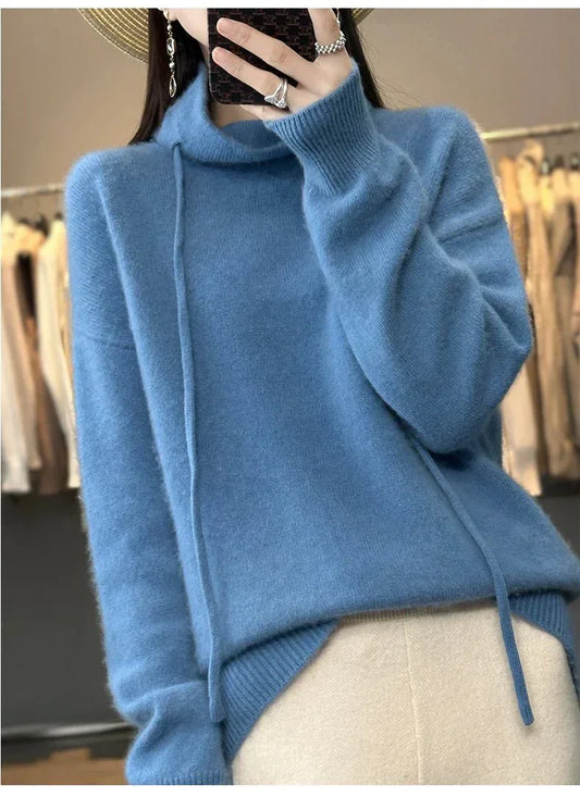 Winter Rollkragenpullover mit Rüschen und Kordel Damen