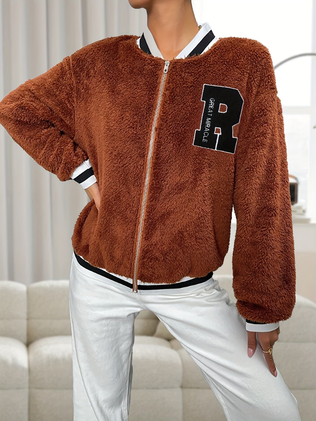 Sherpa Bomberjacke Varsity Stil Gemütlicher Look Damen