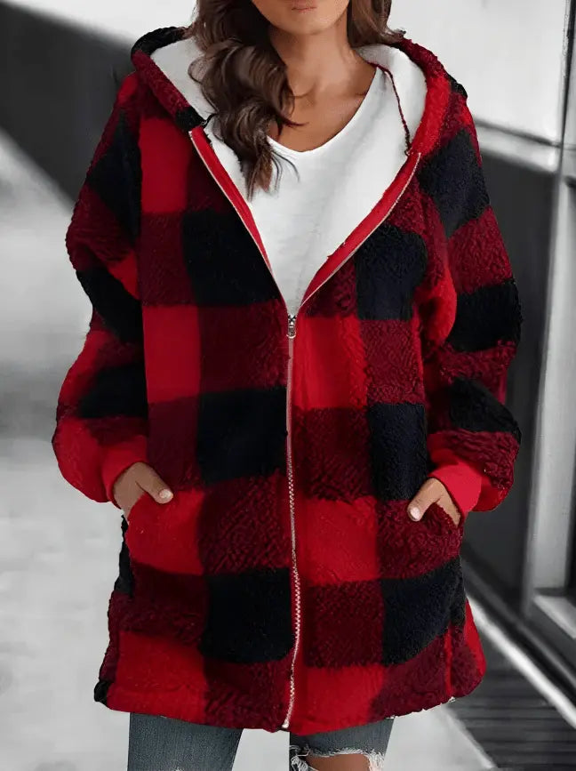 Übergroße Kariertes Fleecejacke mit Kapuze für Winter Damen