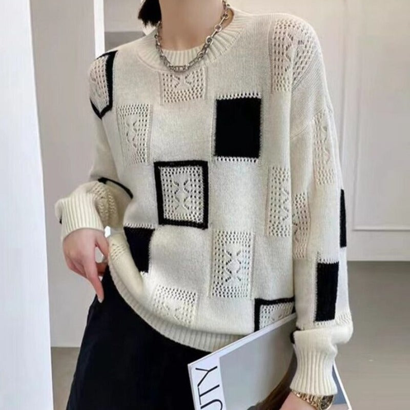 Moderner Strickpullover Mit Blockmuster Für Damen