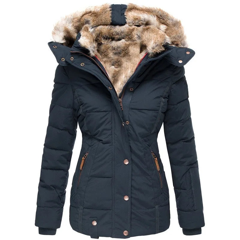 Steppjacke mit Kapuze und Kunstfell für Winter Damen