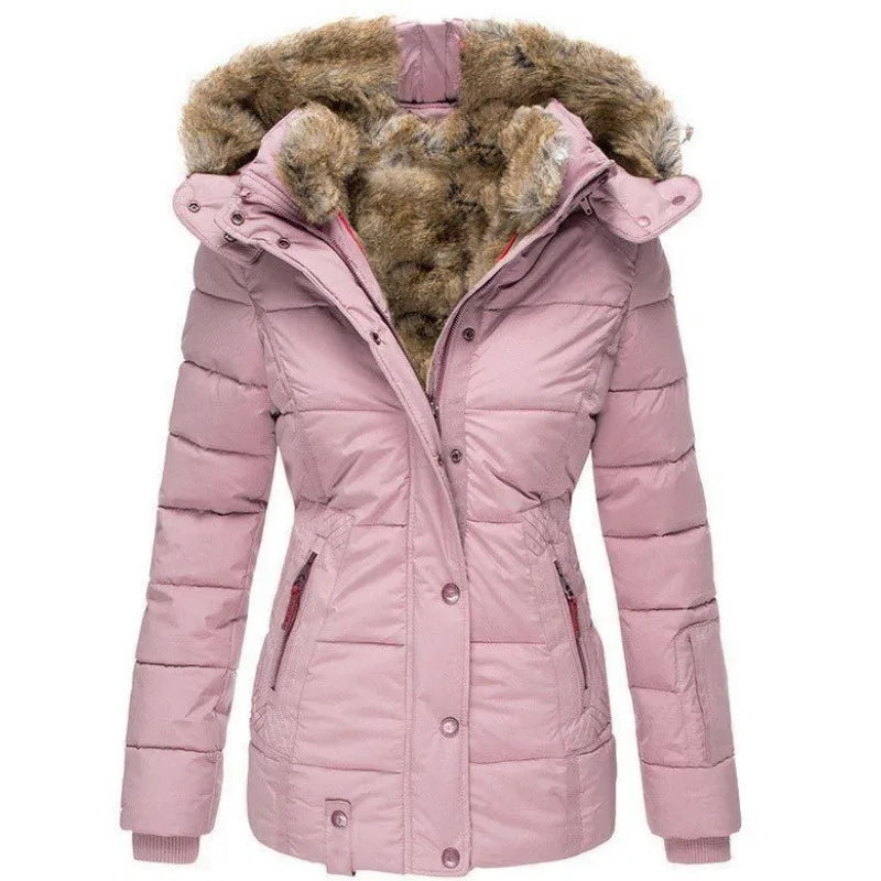 Steppjacke mit Kapuze und Kunstfell für Winter Damen