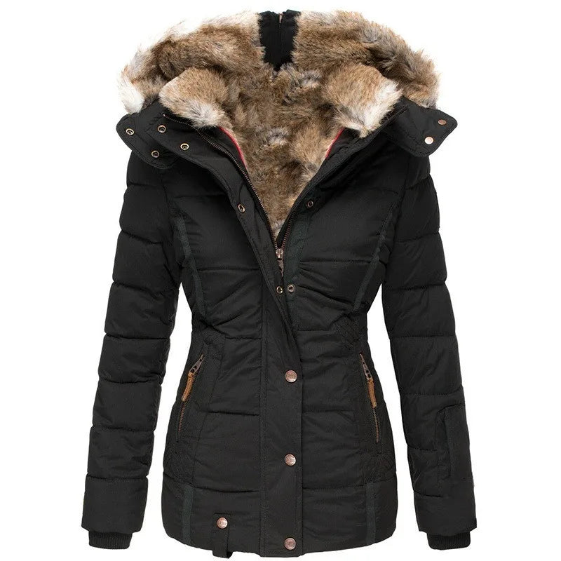Steppjacke mit Kapuze und Kunstfell für Winter Damen