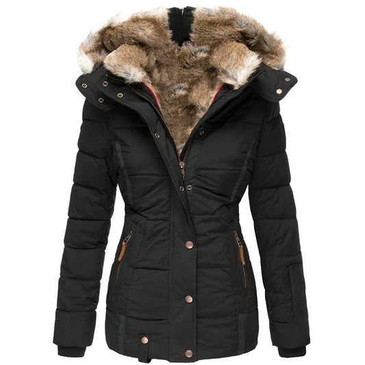 Steppjacke mit Kapuze und Kunstfell für Winter Damen