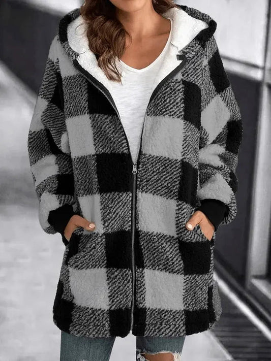 Übergroße Kariertes Fleecejacke mit Kapuze für Winter Damen