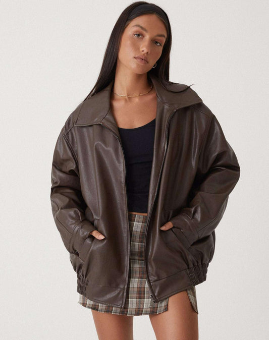 Übergroße Kunstlederjacke Street Style Damen