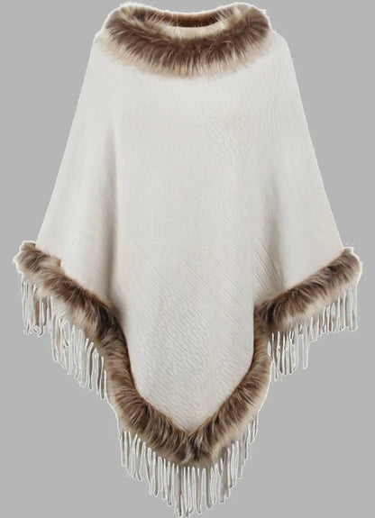 Gestrickter Poncho mit Kunstpelz Cape für Elegante Winter Damen