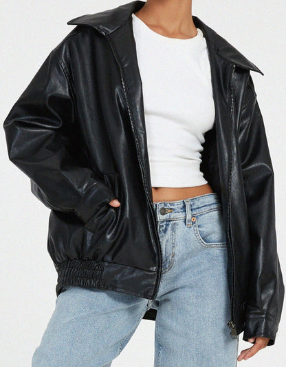 Übergroße Kunstlederjacke Street Style Damen