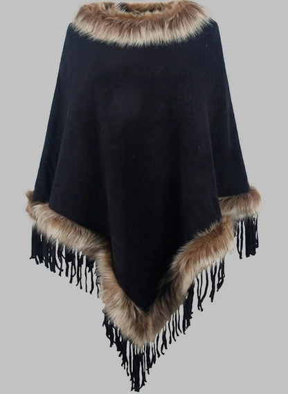 Gestrickter Poncho mit Kunstpelz Cape für Elegante Winter Damen