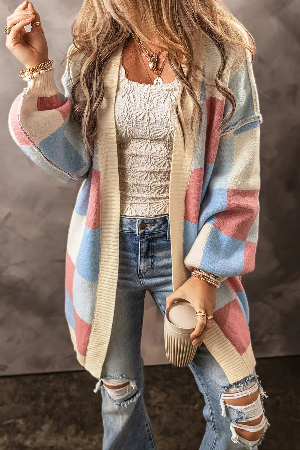 Übergroße Karierte Gestrickte Strickjacke für Winter Damen