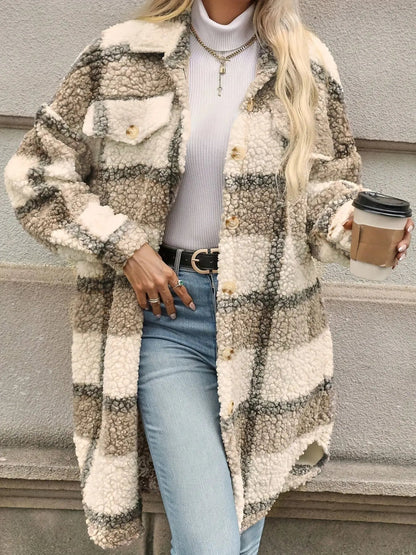 Karierte Fleecejacke Gemütlicher Stil Winter Damen