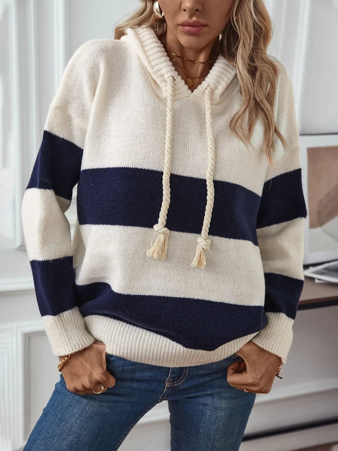 Gestreifter Strick Hoodie Pullover für Gemütliche Winter Damen