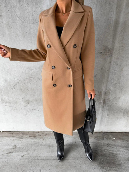 Eleganter Langer Beiger Wollmantel Für Damen