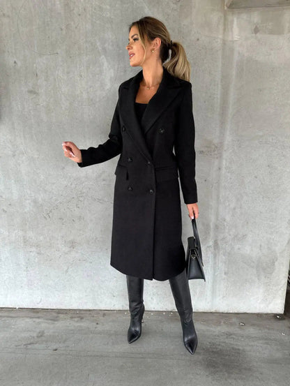 Eleganter Langer Beiger Wollmantel Für Damen