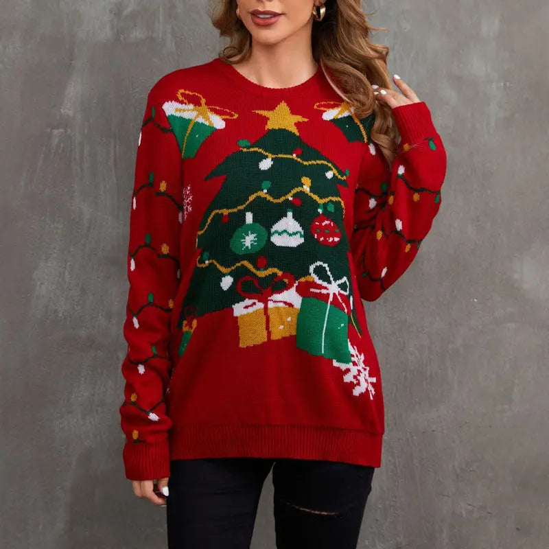 Klassischer Strick-Weihnachtspullover mit Baummuster für Damen
