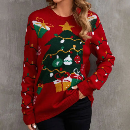 Klassischer Strick-Weihnachtspullover mit Baummuster für Damen